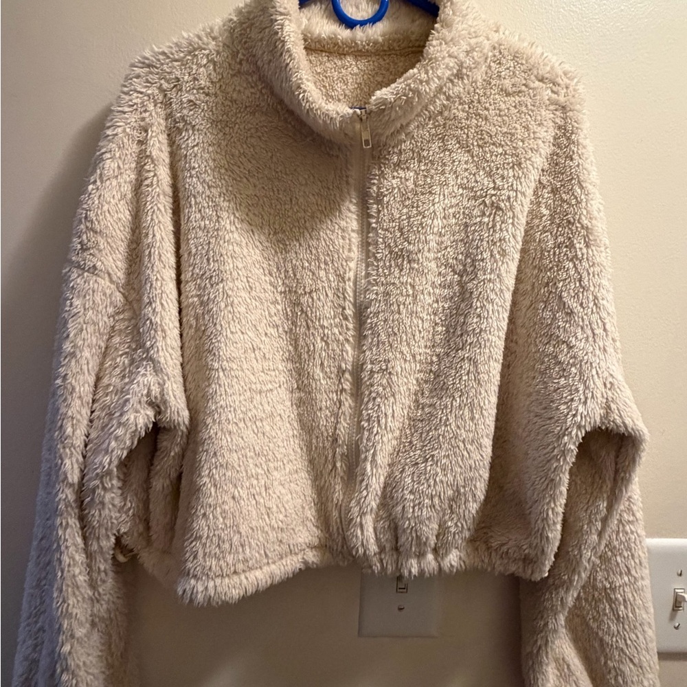 SHEIN Cream Fuzzy Zip-Up Hoodie